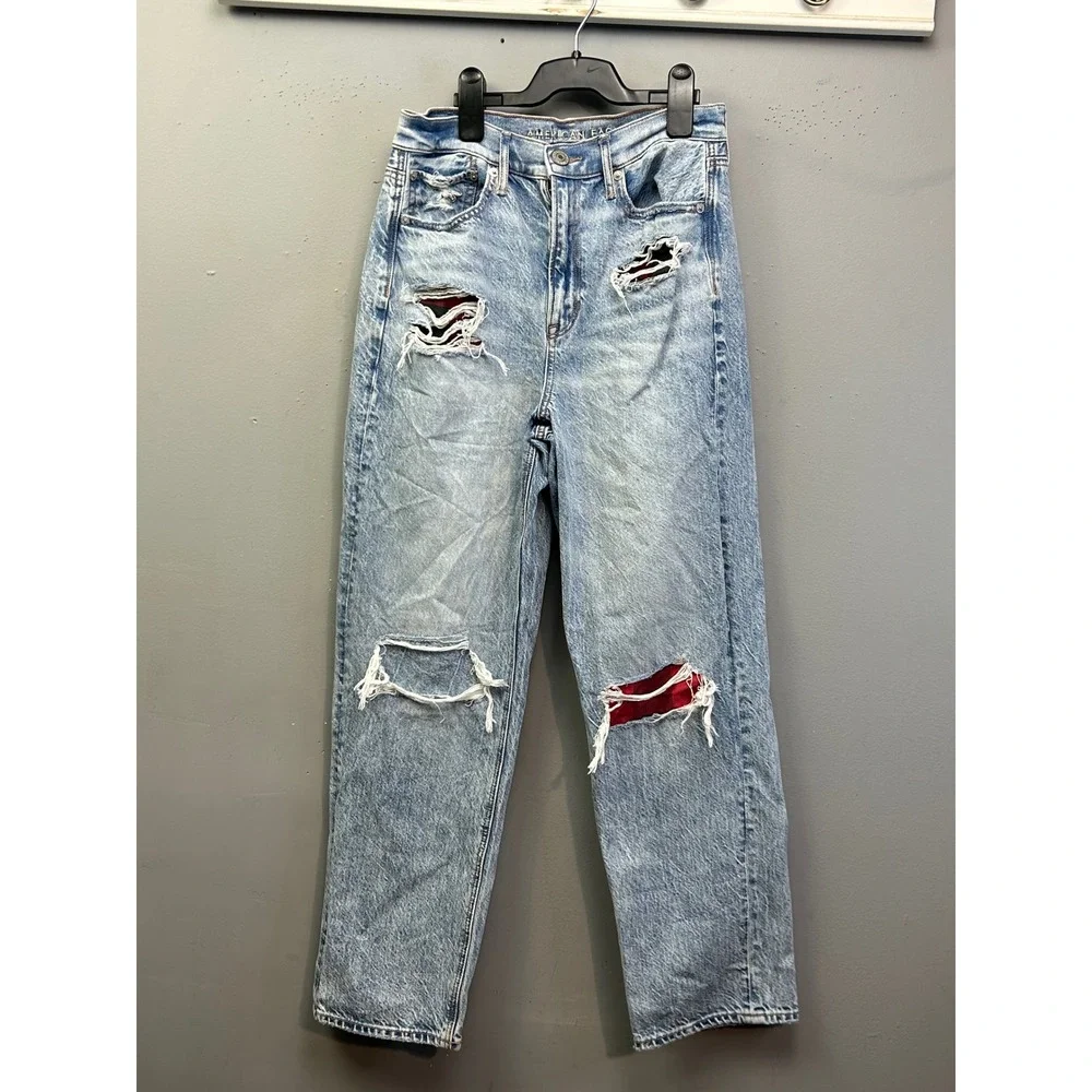 American Eagle Jeans Womens 6 Blue 90s Boyfriend Highest Rise Distressed Flannel